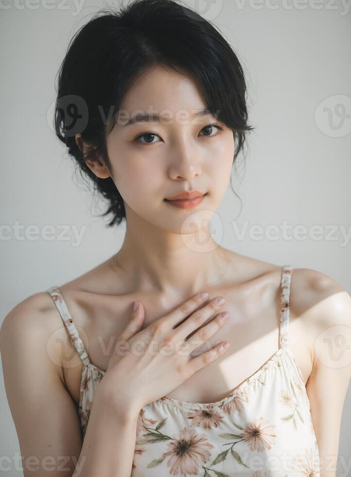 Graceful East Asian Woman in Beige Camisole, Delicate Studio Portrait photo