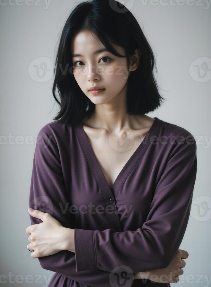 Graceful East Asian Model in Purple Wrap Top, Intimate Indoor Portrait photo