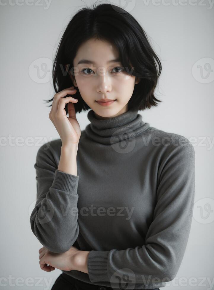 Pensive East Asian Woman in Dark Turtleneck, Studio Portrait with Gentle Pose photo