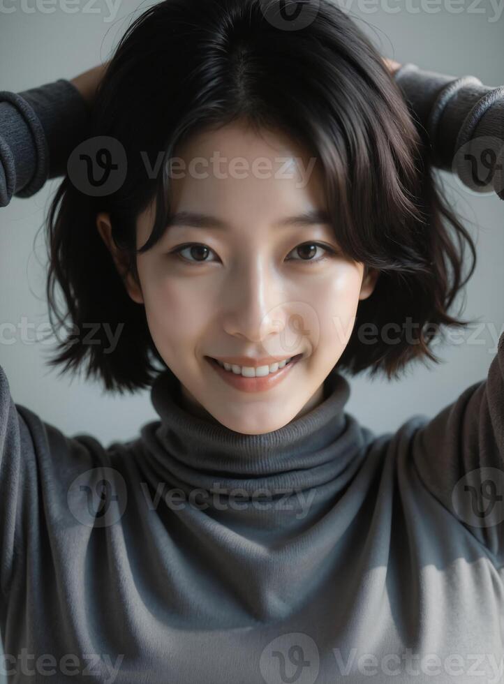 Joyful East Asian Woman in Dark Top, Expressive Studio Portrait photo