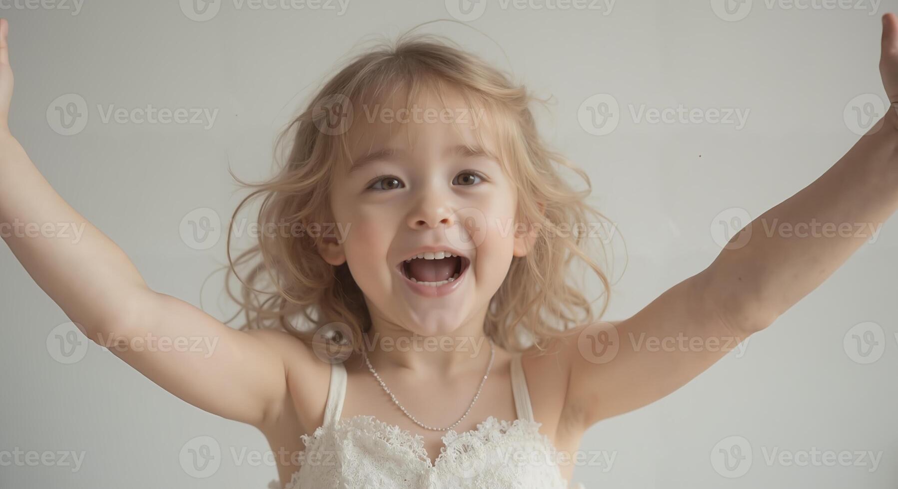 Zoe - Ecstatic Blonde Toddler Girl in White, Joyful Movement photo