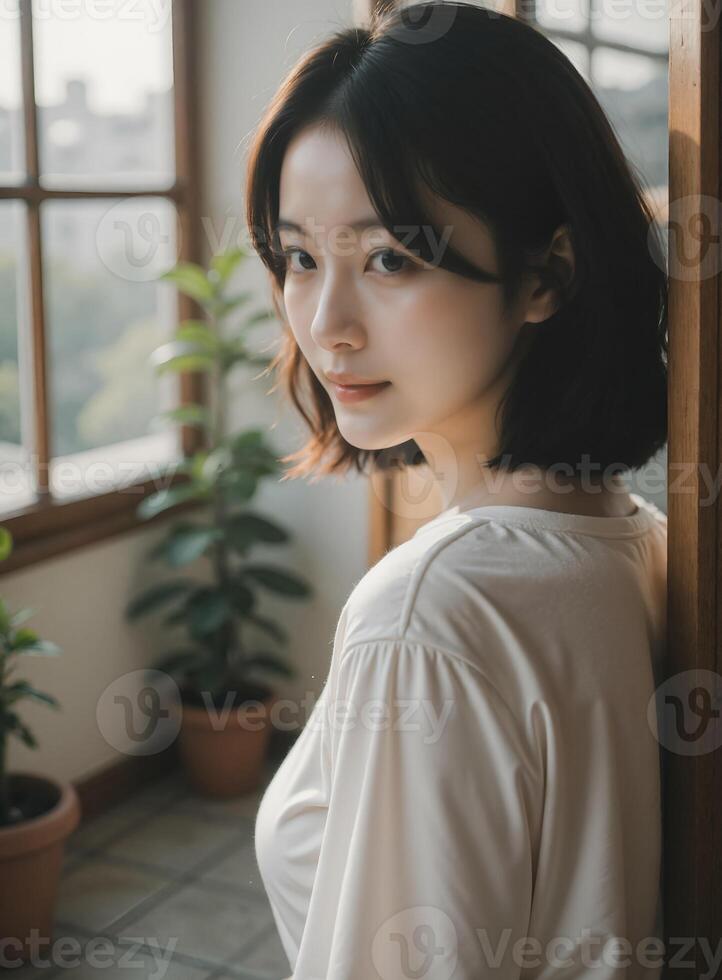 Graceful East Asian Woman by Window, Soft Indoor Lighting photo