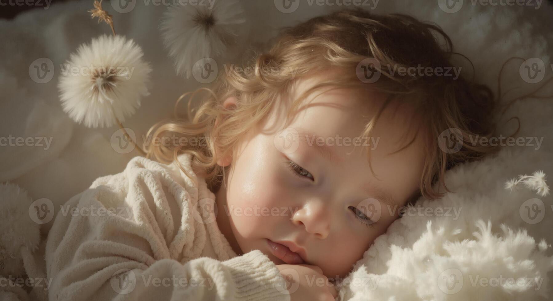 Zoe - Sleepy Blonde Toddler Girl with Dandelion, Dreamy Childhood photo