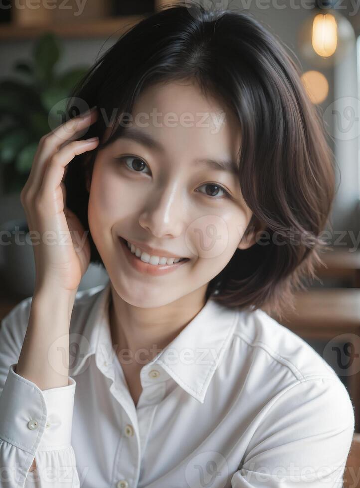 A woman smiling while sitting at a table photo