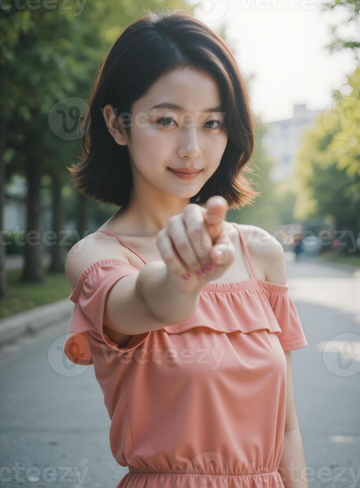 Charming East Asian Woman in Pink Off-Shoulder Top, Urban Street Portrait photo