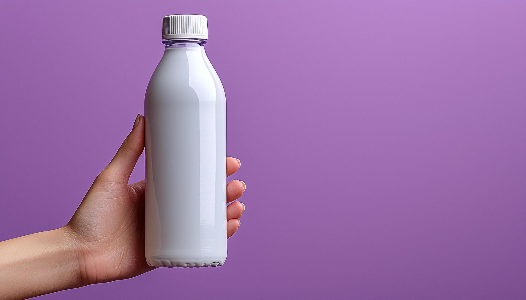 Hand holding glass bottle pouring fresh purple liquid generated by AI photo
