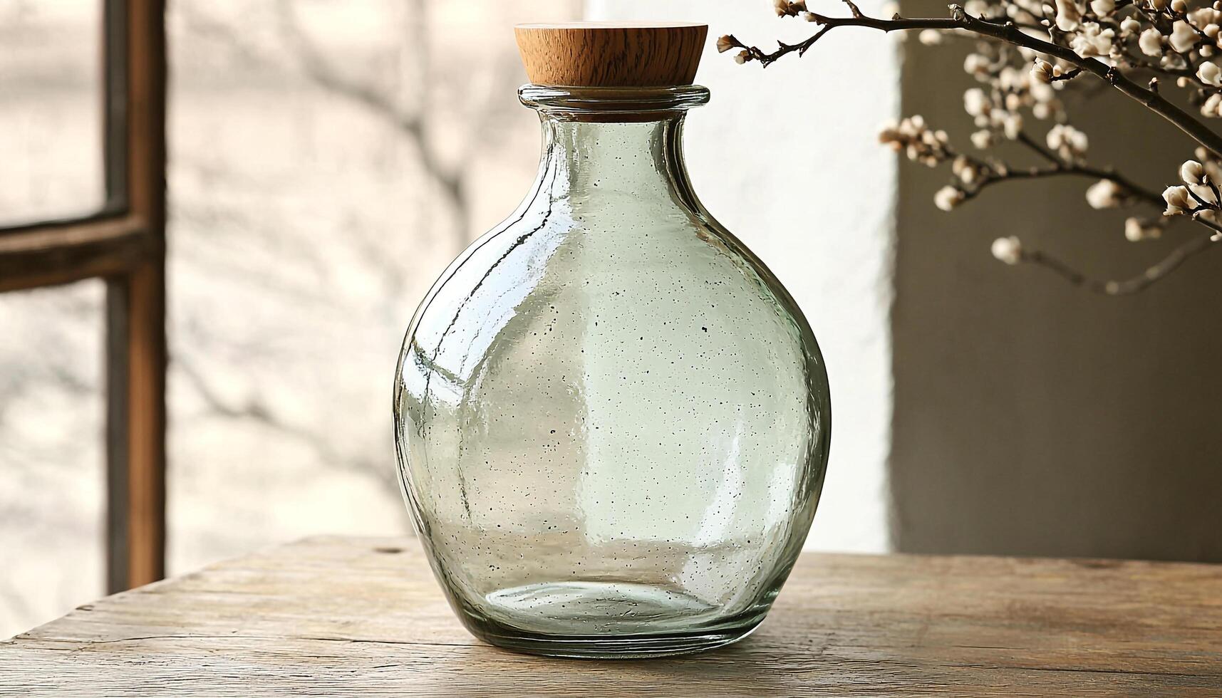 Freshness in nature, glass bottle on wooden table generated by AI photo