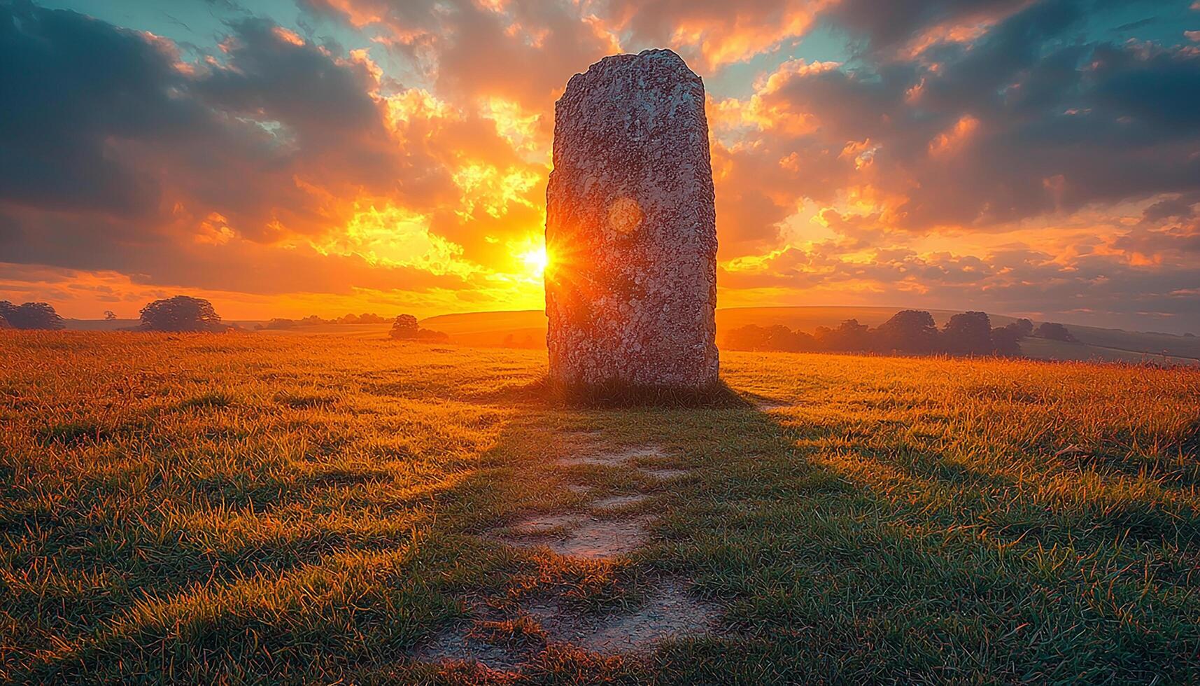 Sunset over rural landscape, meadow bathed in sunlight generated by AI photo