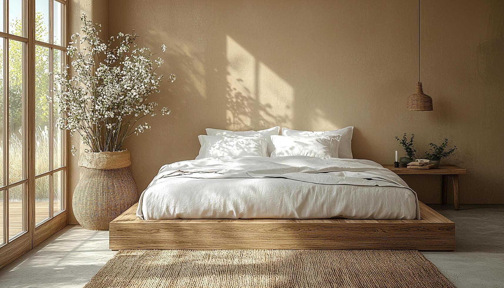 Modern bedroom with comfortable bed and elegant decor generated by AI photo