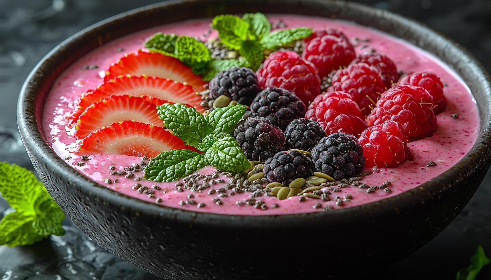 Raspberry yogurt dessert with mint leaf on table generated by AI photo