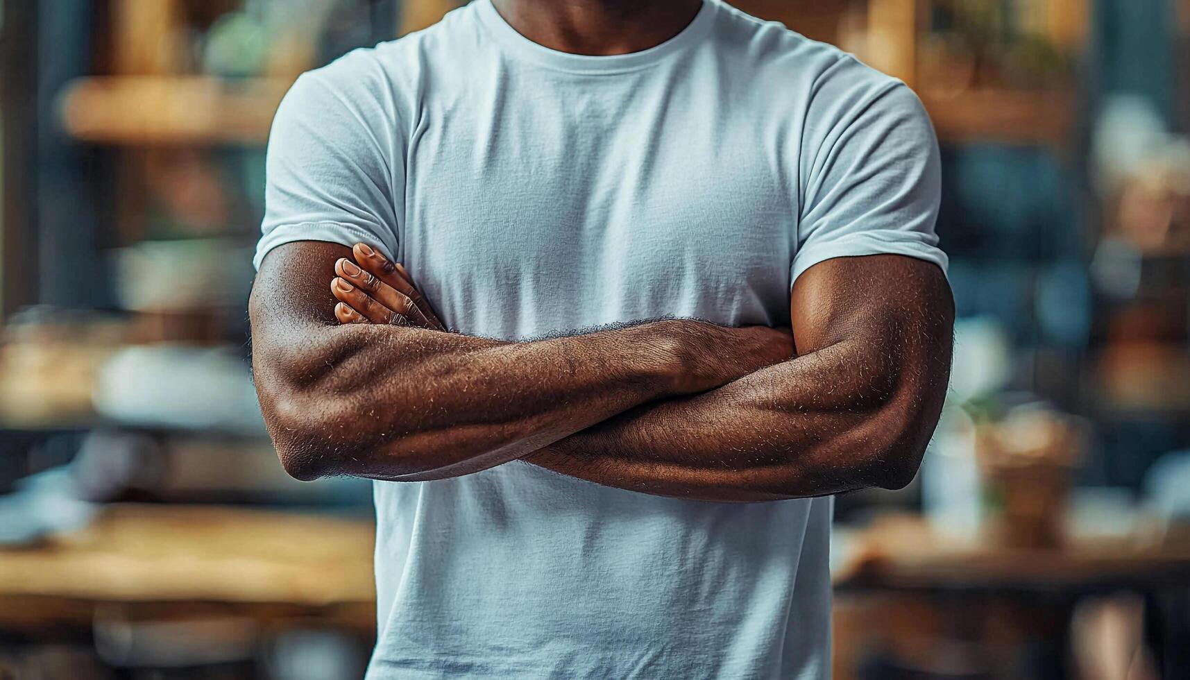 Confident man standing indoors, arms crossed, looking successful generated by AI photo