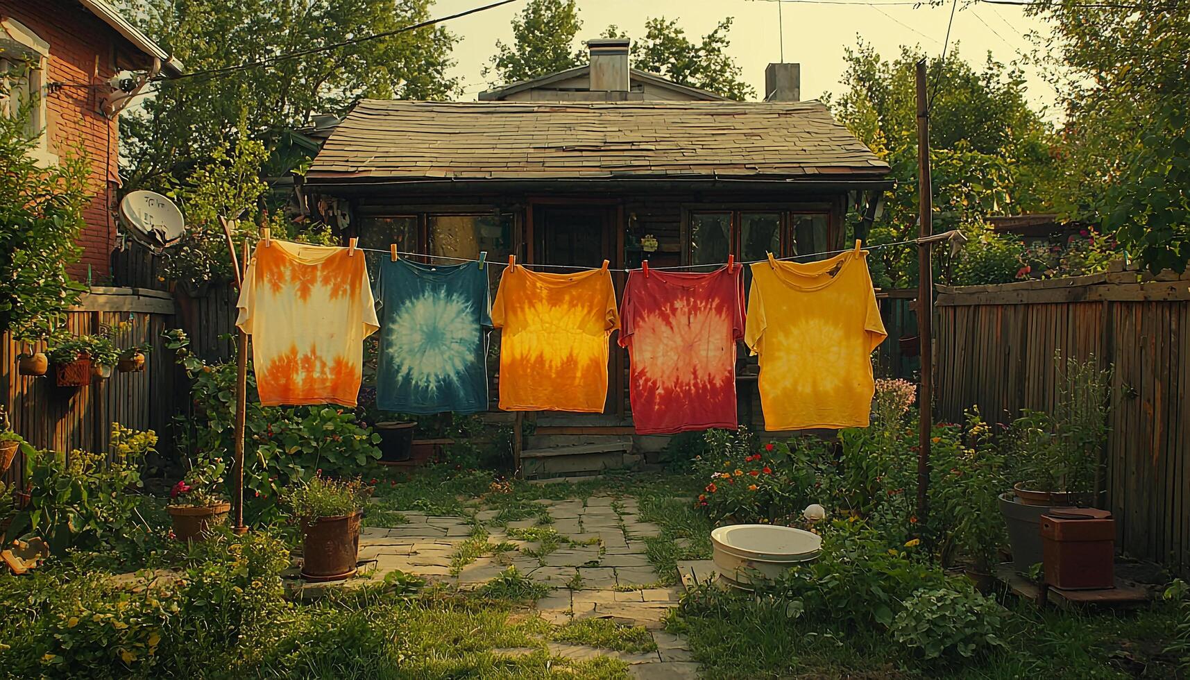 Green grass, clothesline, laundry drying in sunlight, cottage generated by AI photo
