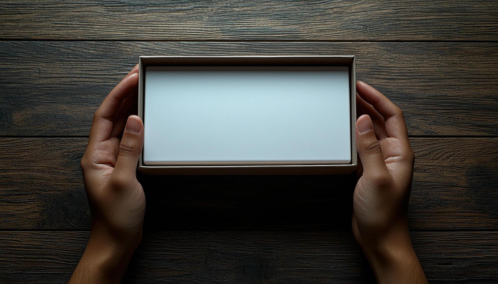Hand holding smart phone on empty wooden table generated by AI photo