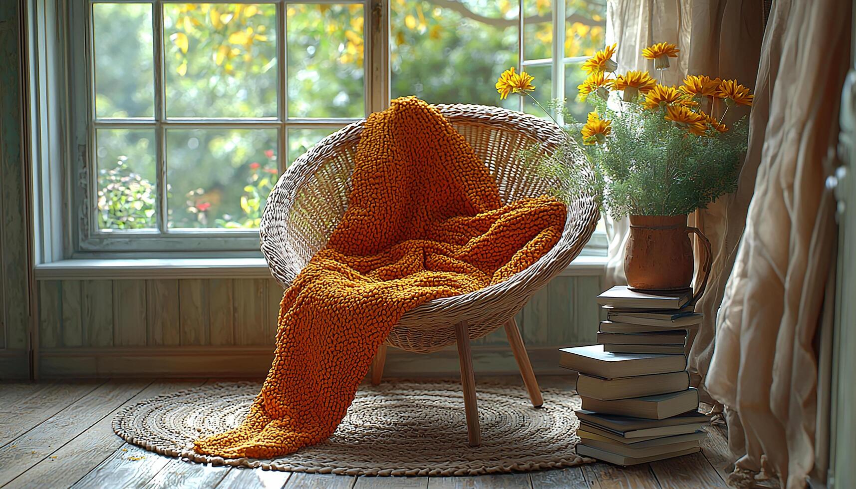Comfortable pillow on rustic wood flooring near window generated by AI photo