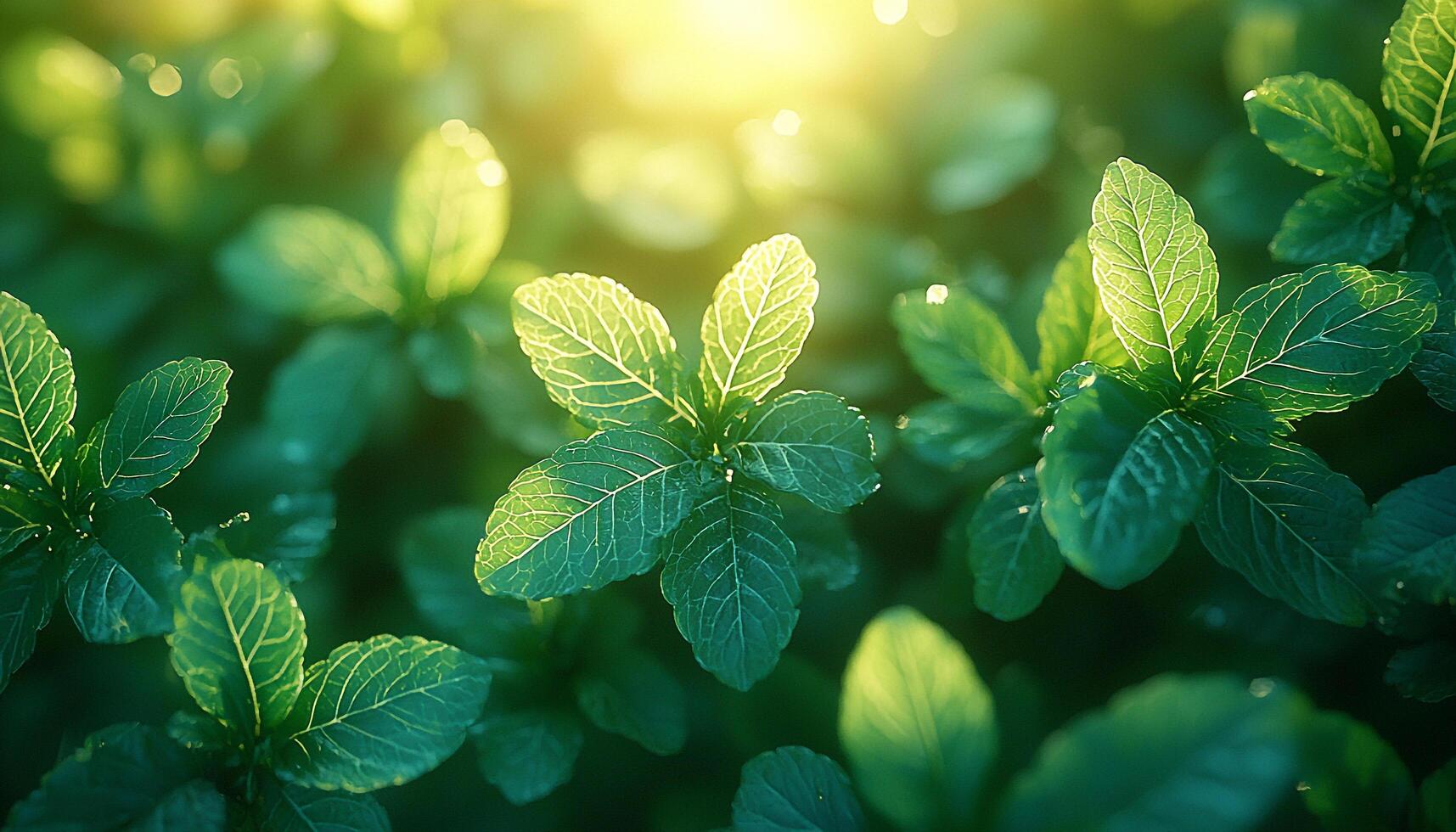 Green leaves in sunlight, fresh dew on branch generated by AI photo
