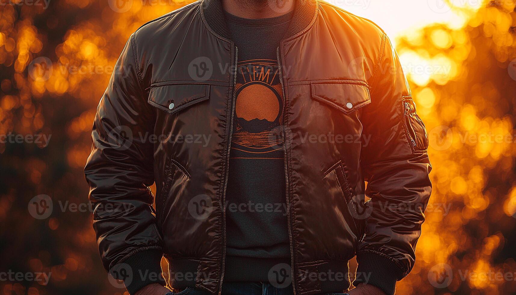 Man standing in forest at sunset, wearing leather jacket generated by AI photo