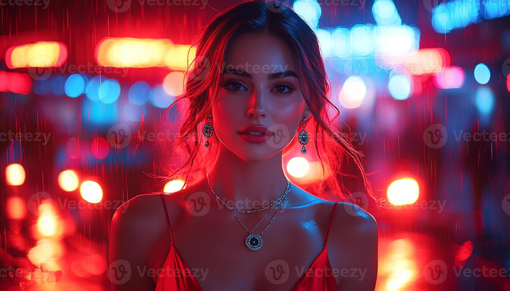 Beautiful woman in nightclub, smiling, looking at camera generated by AI photo