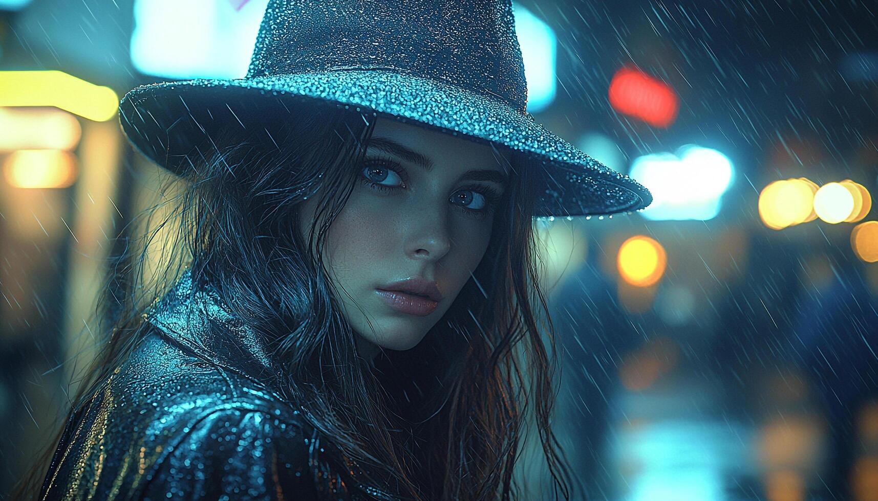 Beautiful young woman in the rain, looking elegant generated by AI photo