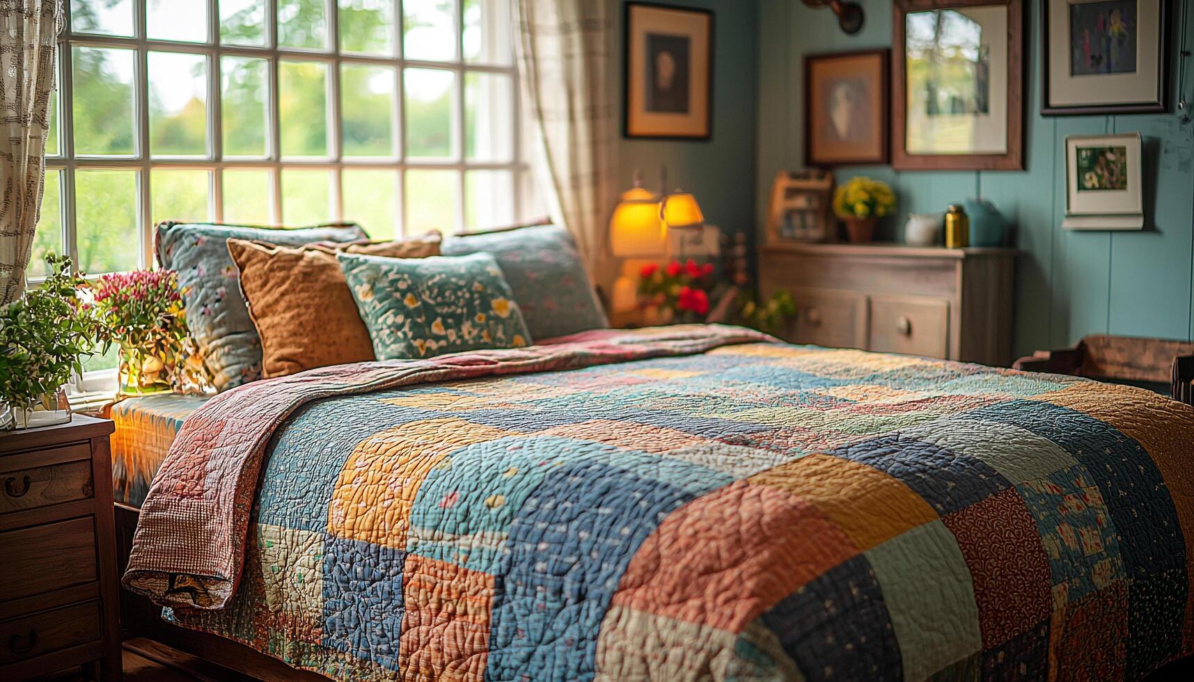 Modern bedroom with comfortable bed and elegant decoration generated by AI photo