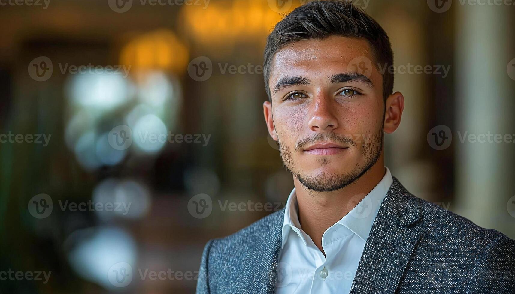 Confident businessman smiling, success in modern office environment generated by AI photo