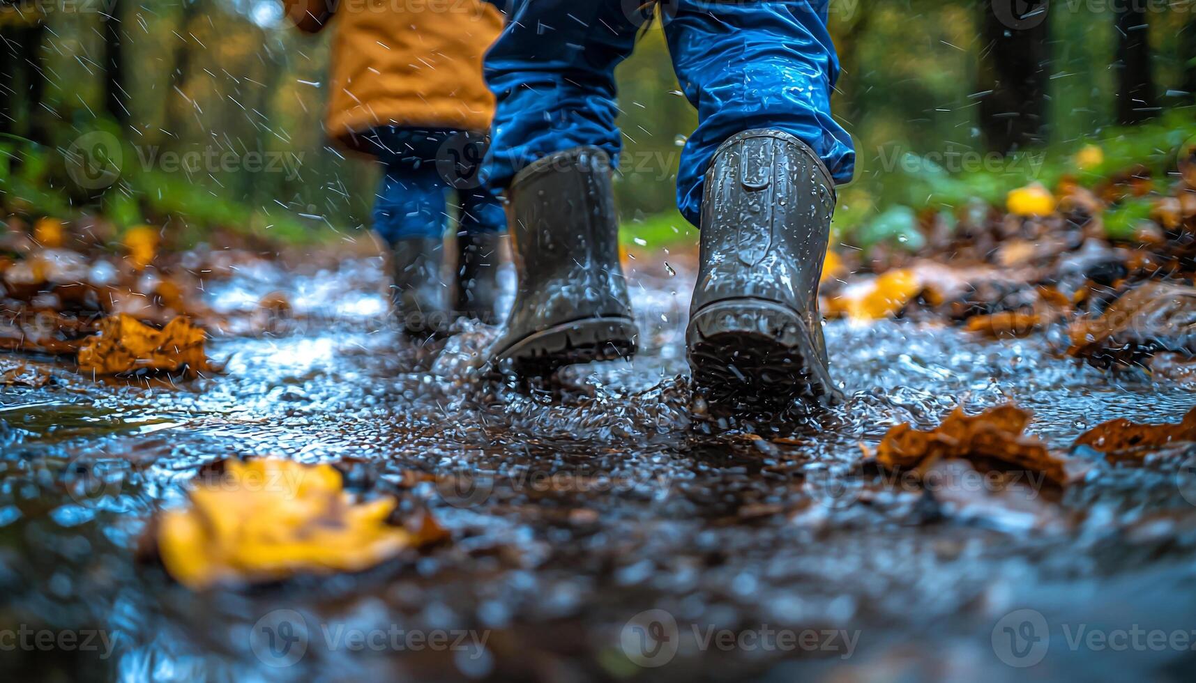 Men walking in wet forest, running in rain generated by AI photo