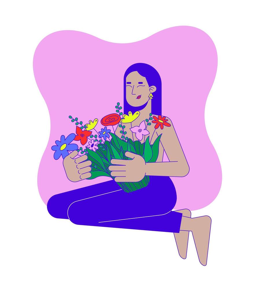 Celebrating strength after lumpectomy 2D illustration concept. Breast cancer survivor middle eastern woman embracing flowers cartoon character isolated on white. Metaphor abstract flat graphic vector