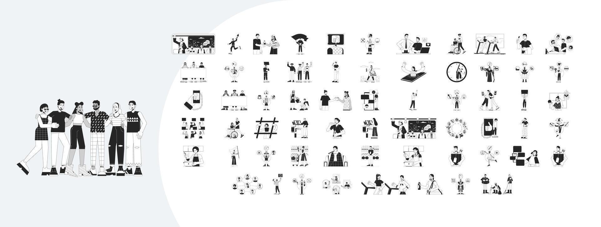 Lifestyle human relationships outline illustrations mega bundle. Archetypes. Smartphone addiction. Protest. Daily routine 2D linear images isolated. Collection black and white drawings vector