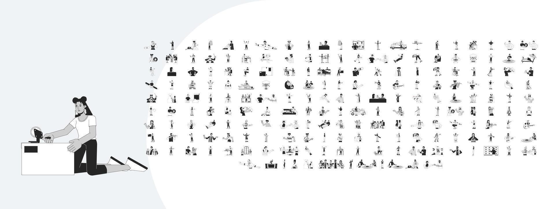 Multicultural lifestyle outline illustrations mega bundle. Construction workers. 90s retro. Psychology. Diwali. Musicians people 2D linear images isolated. Collection black and white drawings vector