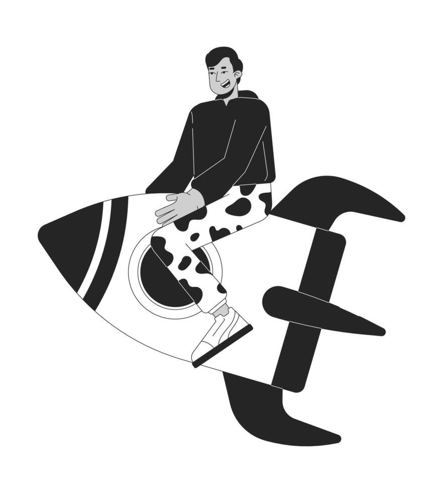Happy indian man riding rocket black and white 2D line character. Startuper rocketship. South asian guy flying on spaceship shuttle isolated outline person. Monochromatic spot illustration vector