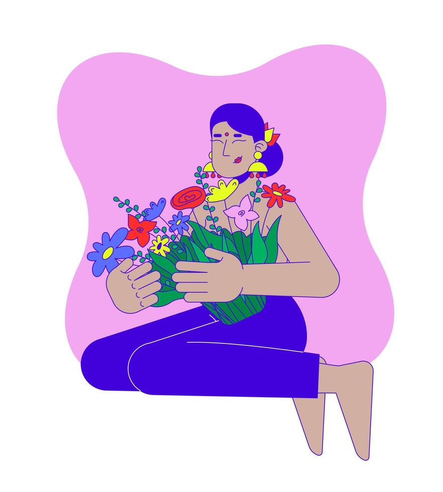 Celebrating resilience after lumpectomy 2D illustration concept. Breast cancer survivor hindu bindi woman embracing florals cartoon character isolated on white. Metaphor abstract flat graphic vector