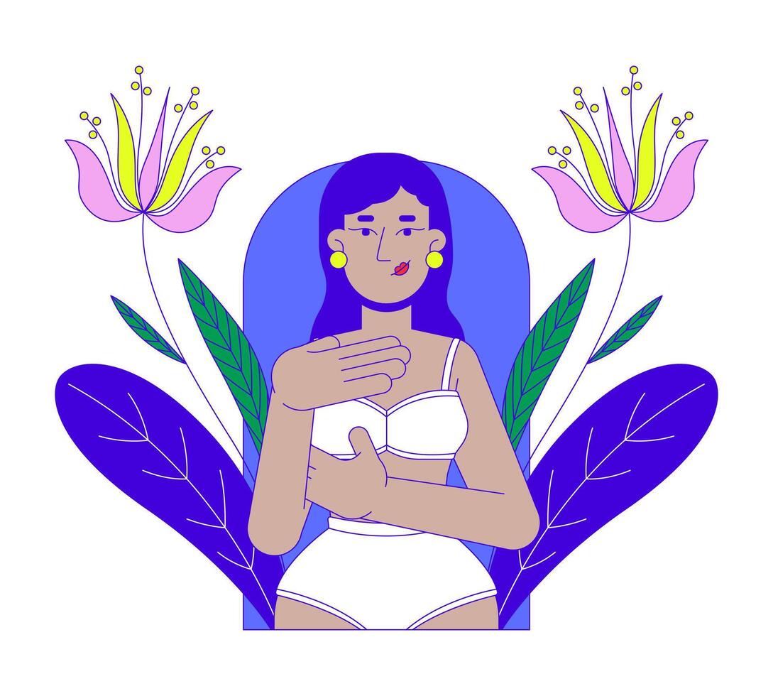 Primary prevention of breast cancer 2D illustration concept. Early detection. Indian woman in bra examining herself cartoon character isolated on white. Metaphor abstract flat graphic vector