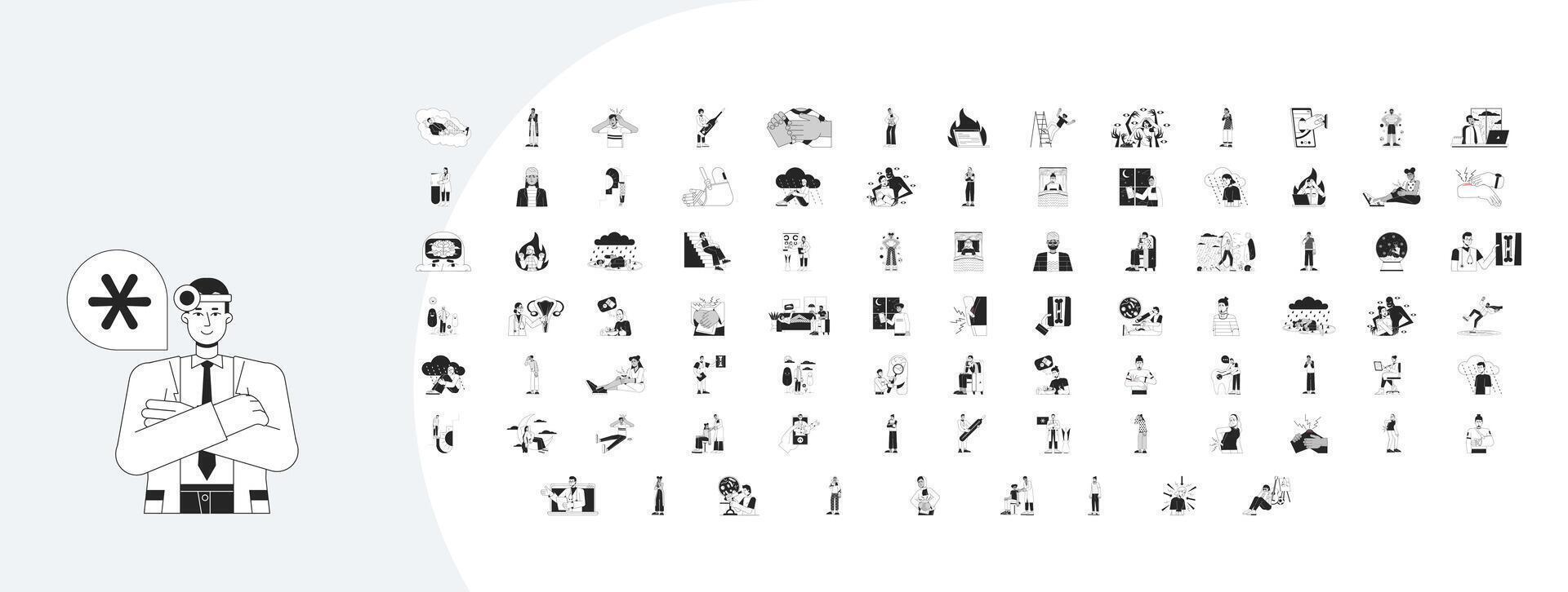 Medical healthcare outline illustrations mega bundle. Psychology mental disorder. Hospital research. Trauma injury. E medicine 2D linear images isolated. Collection black and white drawings vector