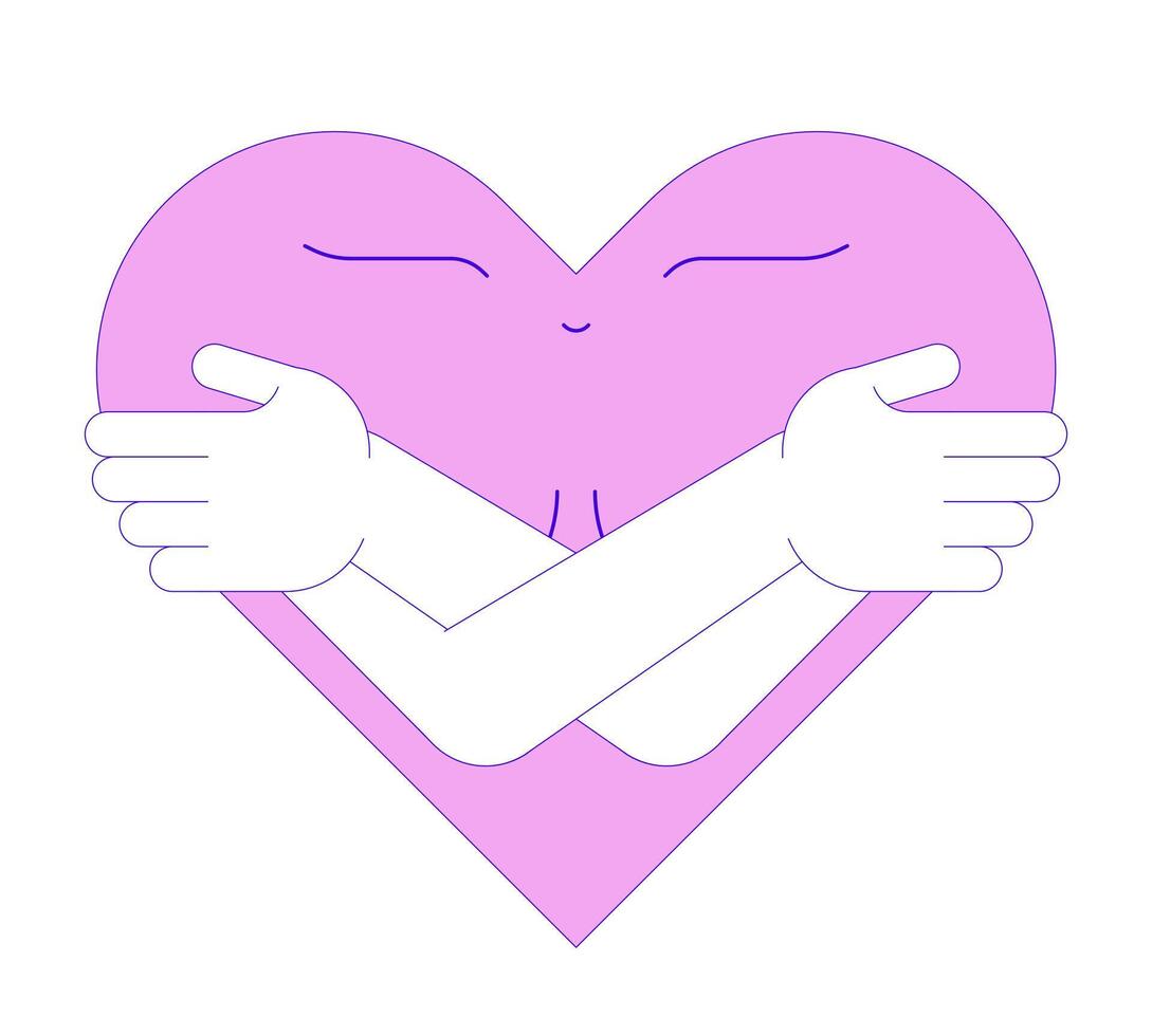 Self-compassion and breast cancer 2D illustration concept. Mental health. Self care behavior. Happy heart hugging self cartoon character isolated on white. Metaphor abstract flat graphic vector