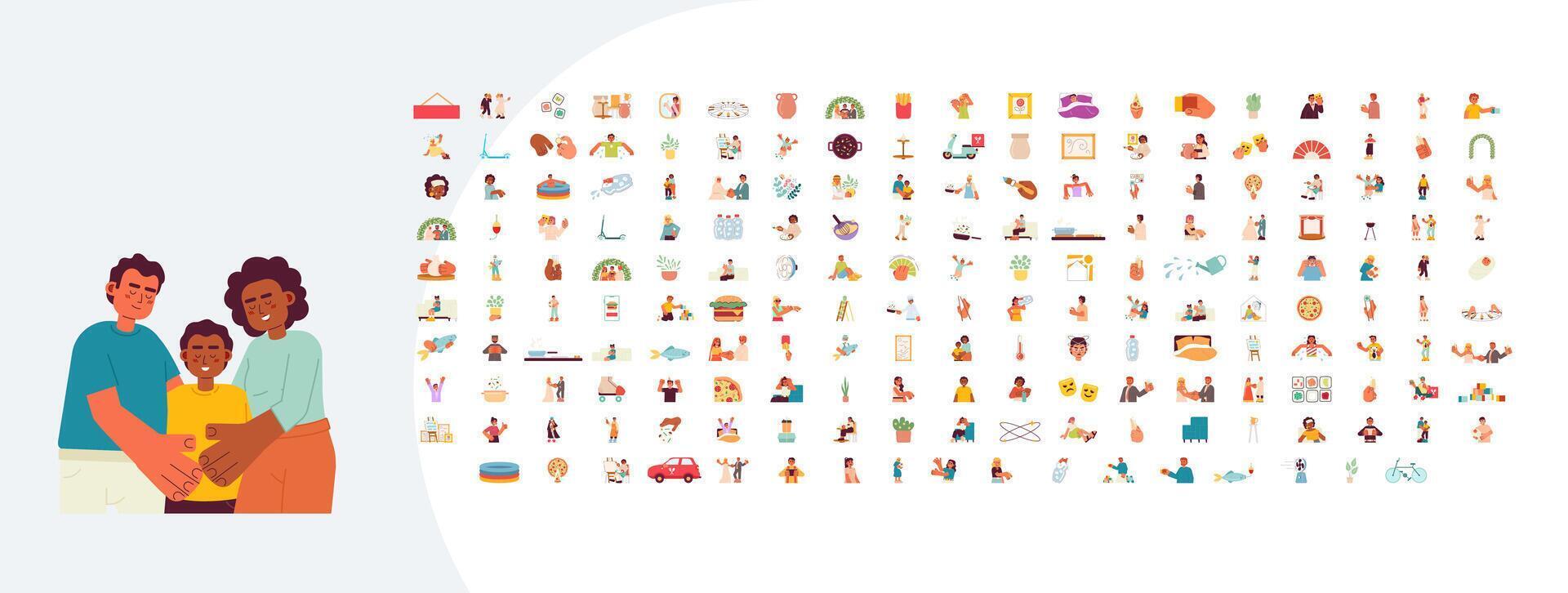 Daily life cartoon flat illustrations mega bundle. Diversity wedding. Fast food. Hobbies leisure activity. Heat stroke. 404 error 2D images isolated on white. Collection drawings colorful vector