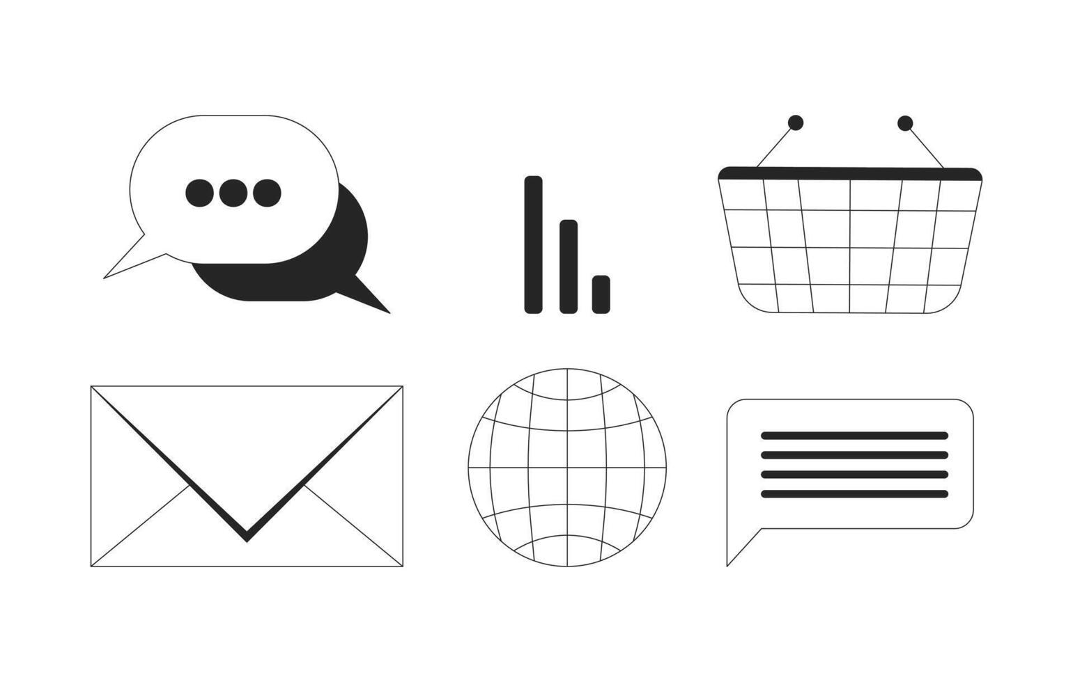 Digital communication social network black and white 2D line objects set. Online media analysis. Messaging email isolated clip arts outline items collection. Monochrome spot illustrations vector