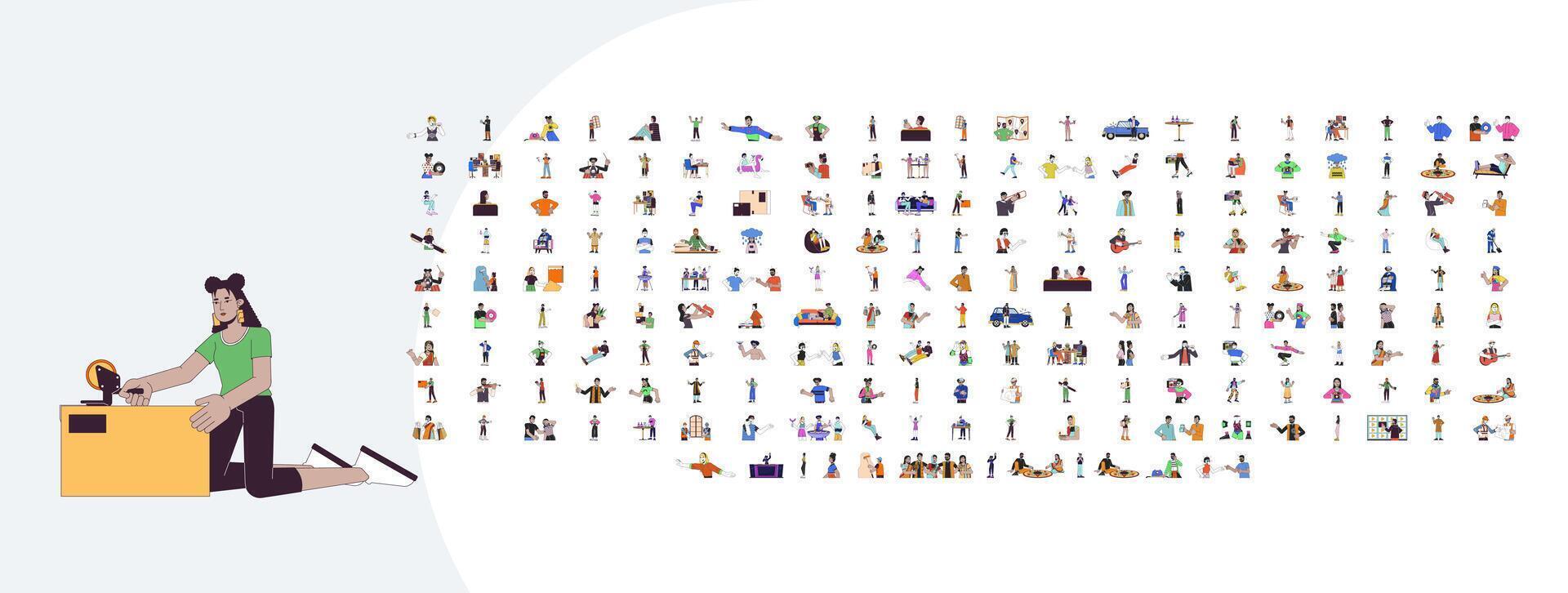 Multicultural lifestyle cartoon flat illustrations mega bundle. Construction workers. 90s retro. Psychology. Diwali. Musicians people 2D images isolated on white. Collection drawings colorful vector