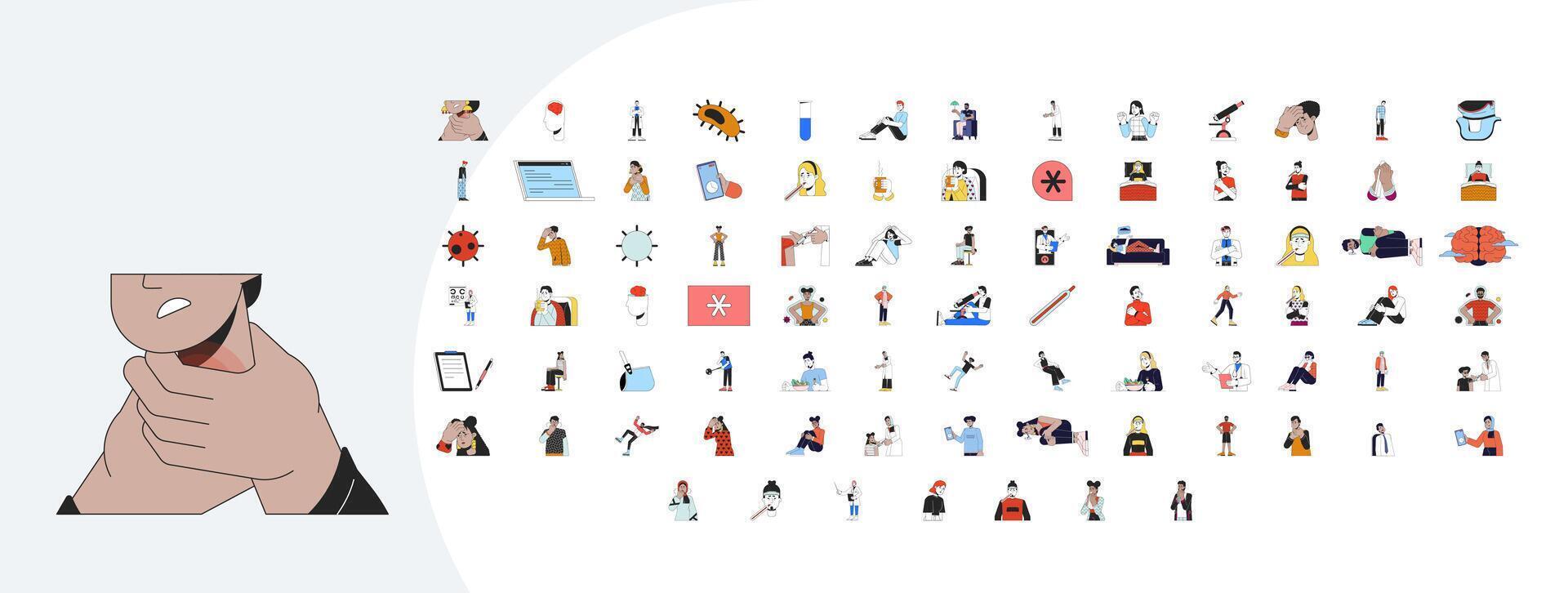 Medicine and health cartoon flat illustrations mega bundle. E doctor. SAD depression. Disorder mental. Flu vaccine. Illness symptoms 2D images isolated on white. Collection drawings colorful vector