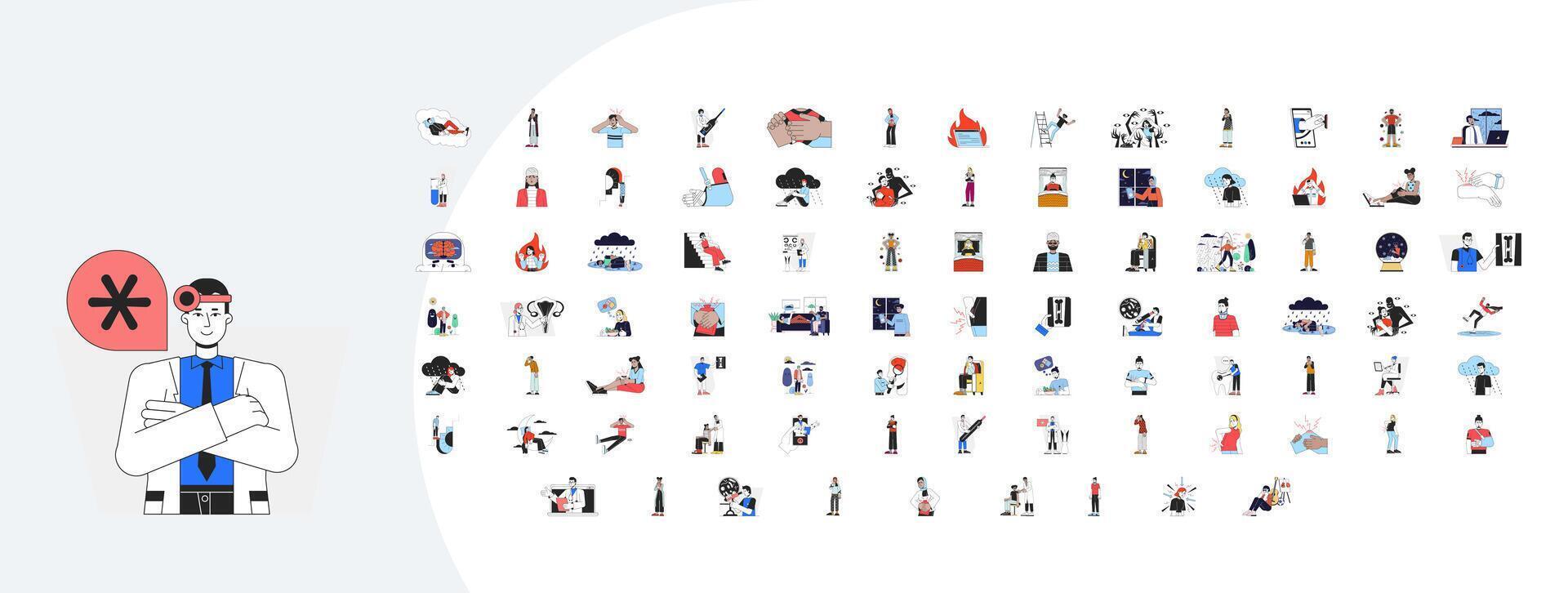 Medical healthcare cartoon flat illustrations mega bundle. Psychology mental disorder. Hospital research. Trauma injury. E medicine 2D images isolated on white. Collection drawings colorful vector