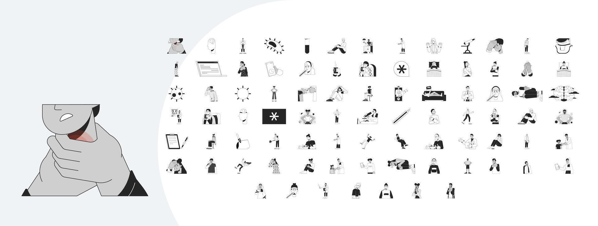 Medicine and health outline illustrations mega bundle. E doctor. SAD depression. Disorder mental. Flu vaccine. Illness symptoms 2D linear images isolated. Collection black and white drawings vector