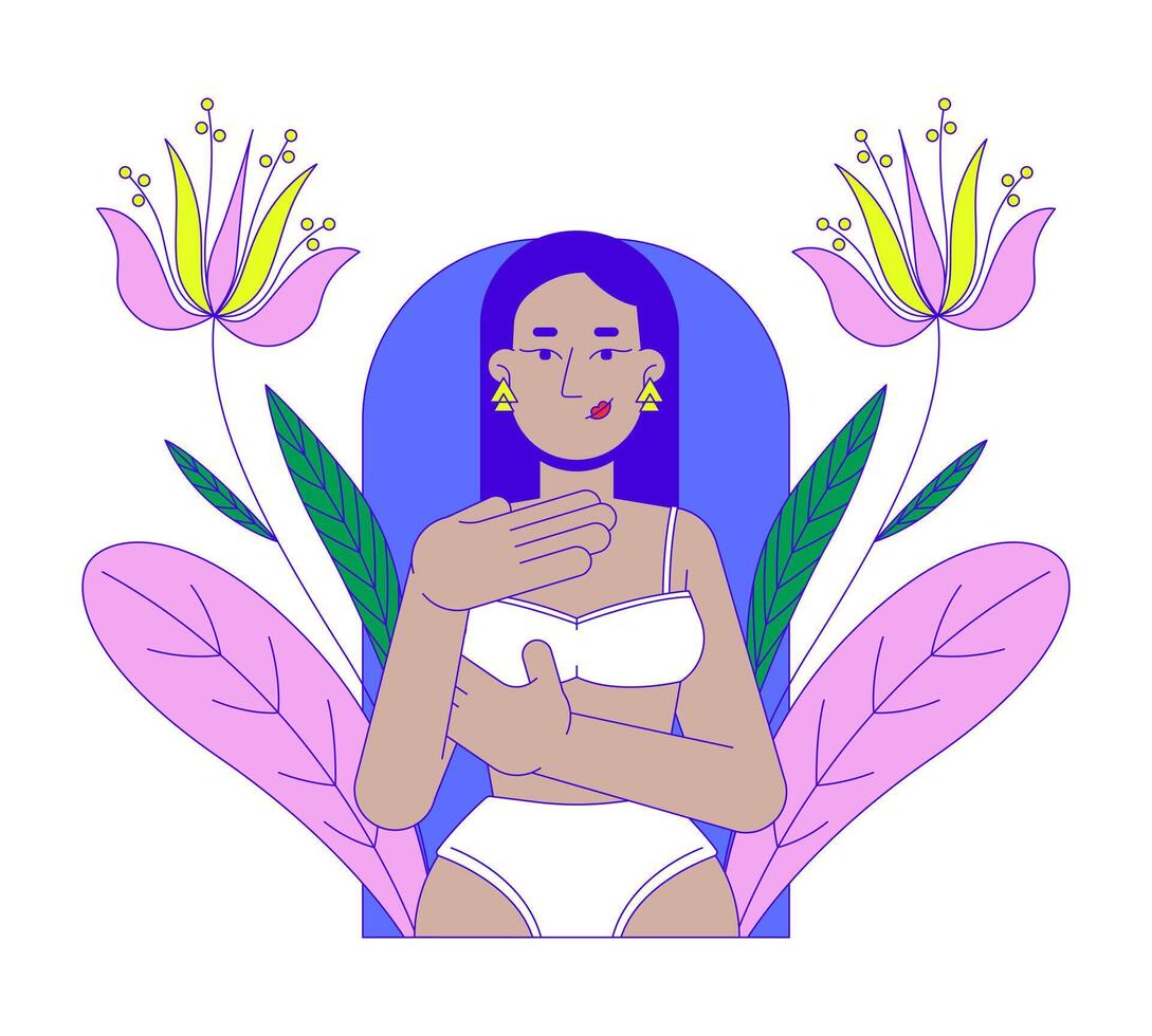 Breast cancer diagnostics 2D illustration concept. Early detection. Brunette middle eastern woman in bra examining herself cartoon character isolated on white. Metaphor abstract flat graphic vector
