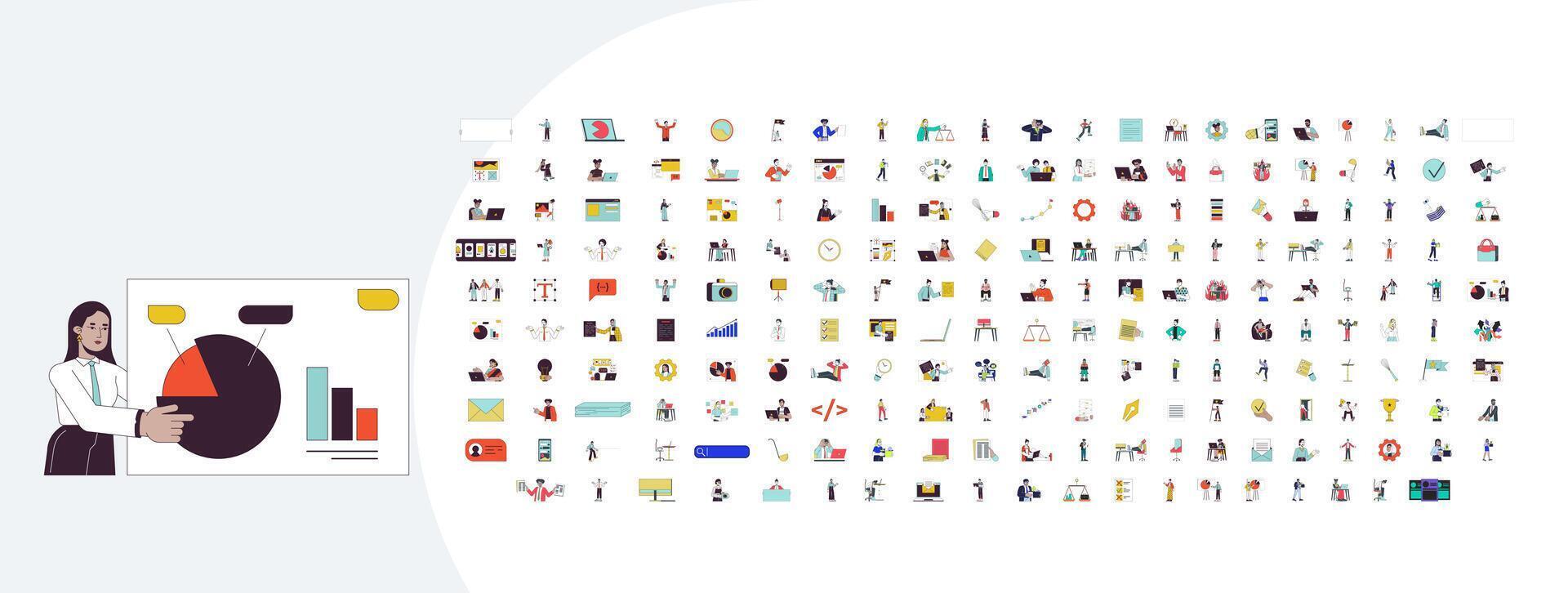 Professions and office life cartoon flat illustrations mega bundle. Project management. Job search programming. Employee deadline 2D images isolated on white. Collection drawings colorful vector