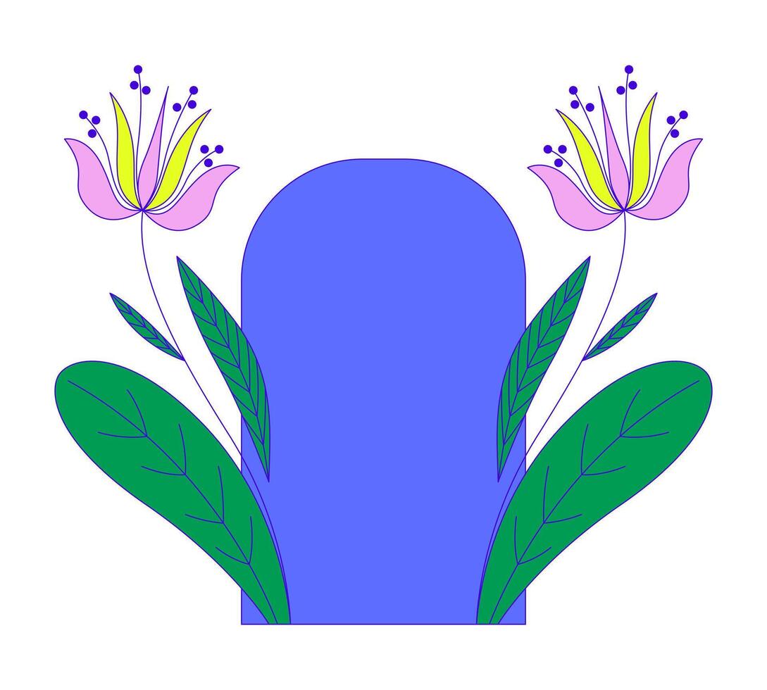 Floral frame decorated by fresh leaves and delicate stems flowers cartoon flat illustration. Botanical blooms arch. Greenery blossom 2D frame isolated on white background. colorful image vector