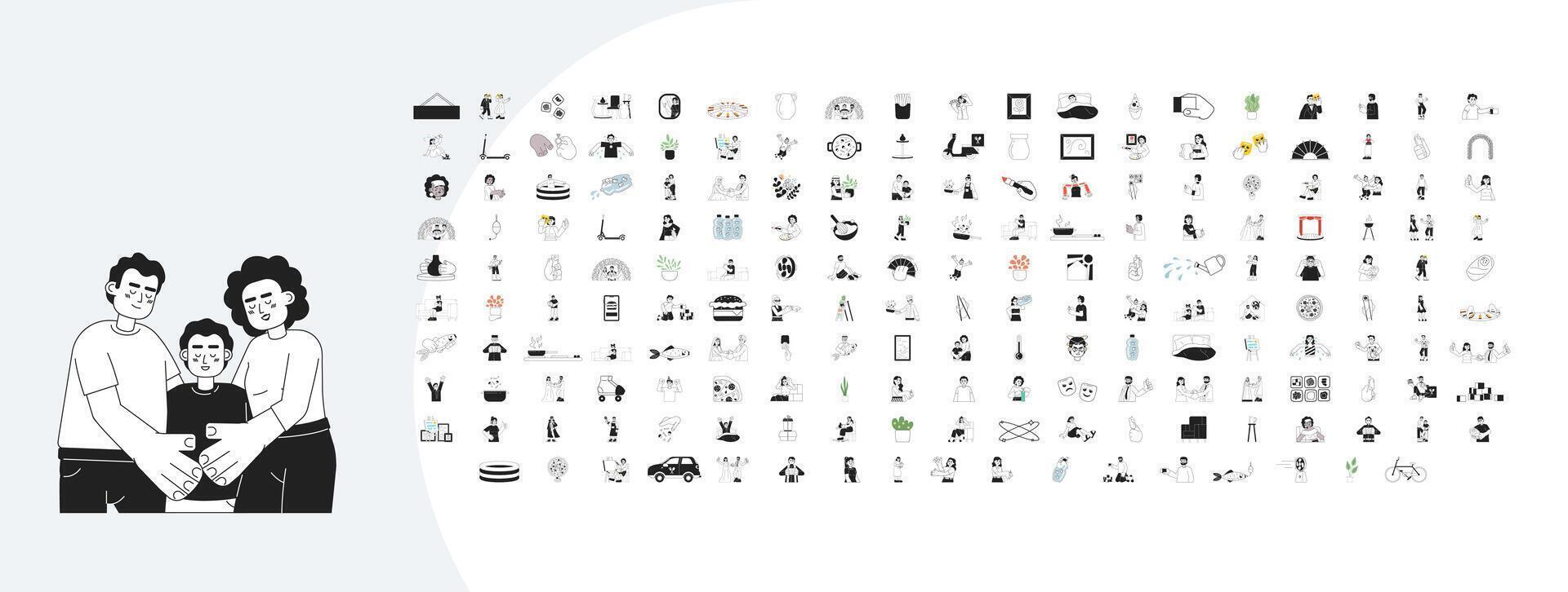 Daily life outline illustrations mega bundle. Diversity wedding. Fast food. Hobbies leisure activity. Heat stroke. 404 error 2D linear images isolated. Collection black and white drawings vector