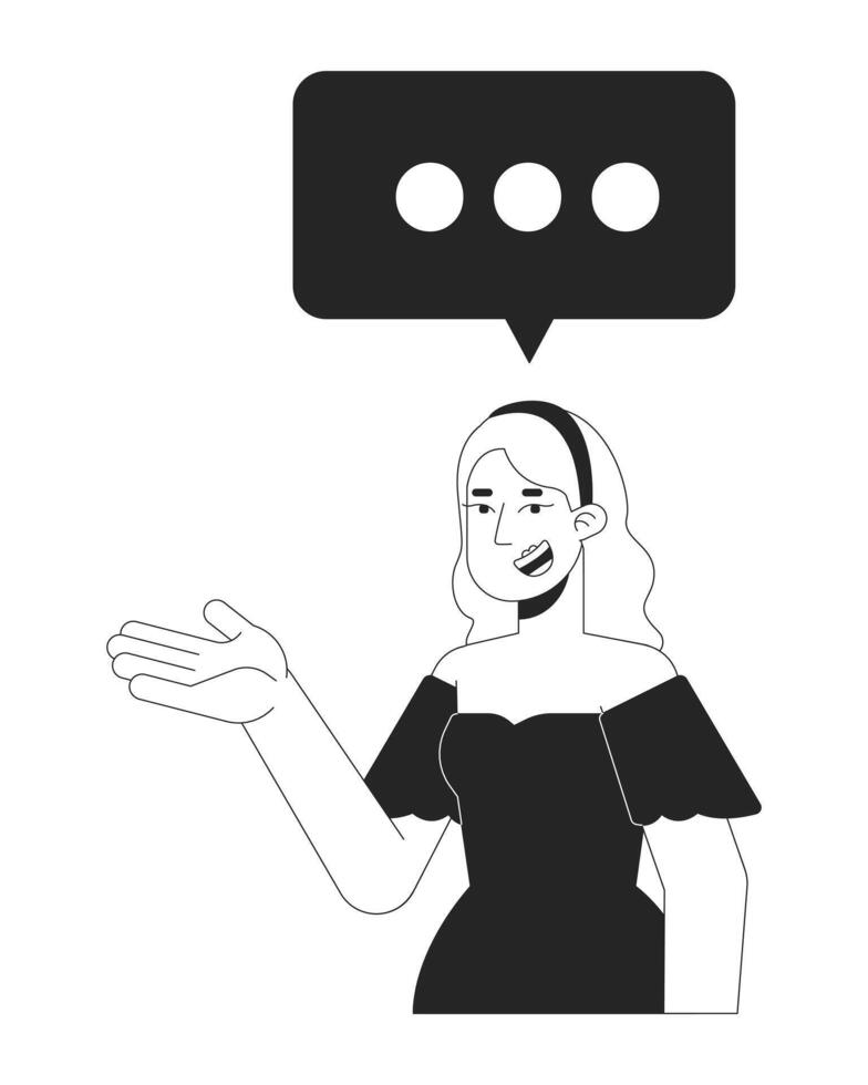 Blonde woman gesturing with chat bubble three dots black and white 2D line character. Caucasian female messaging talking balloon isolated outline person. Monochromatic spot illustration vector
