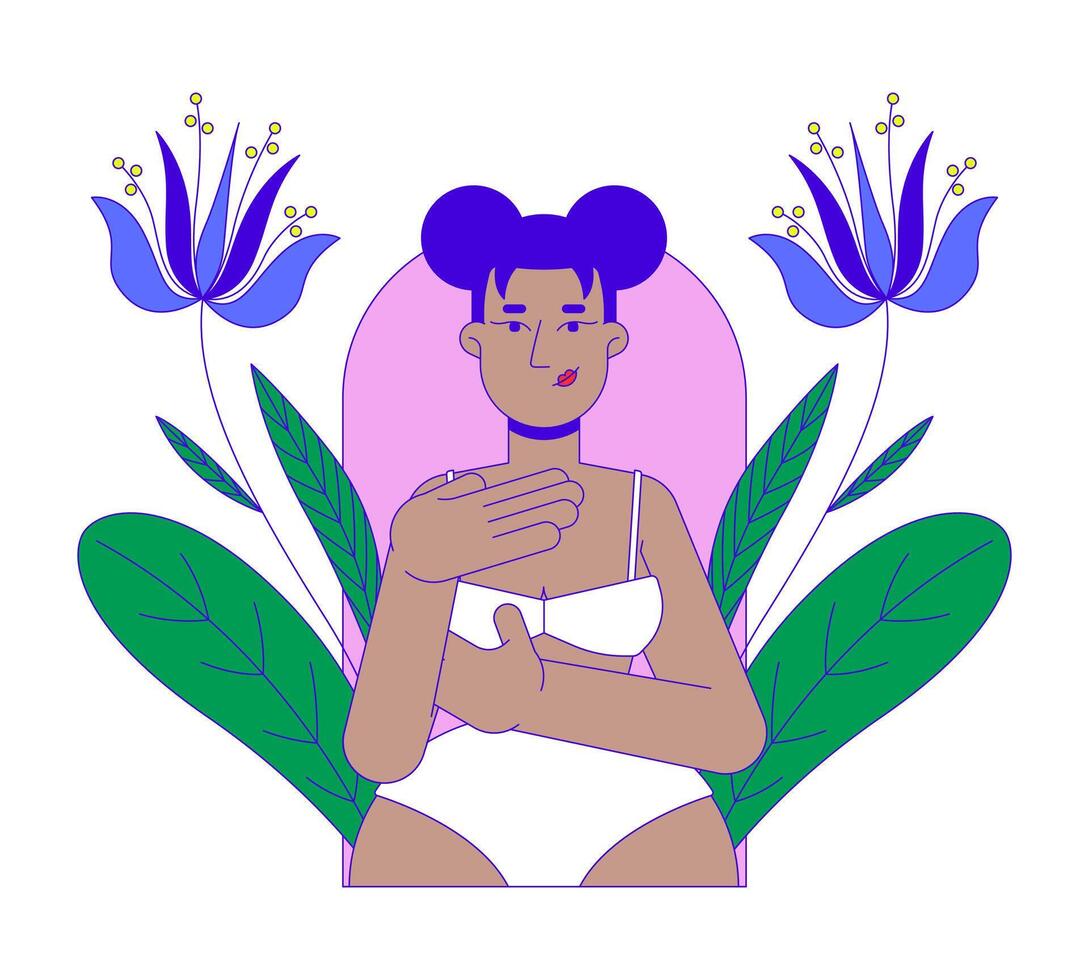 Breast cancer self assessment 2D illustration concept. Early detection. African american woman in bra examining herself cartoon character isolated on white. Metaphor abstract flat graphic vector
