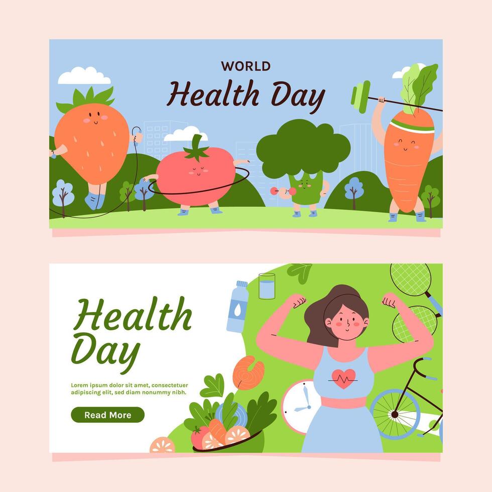 Set of two horizontal banner. World health day hand drawn compositions vector