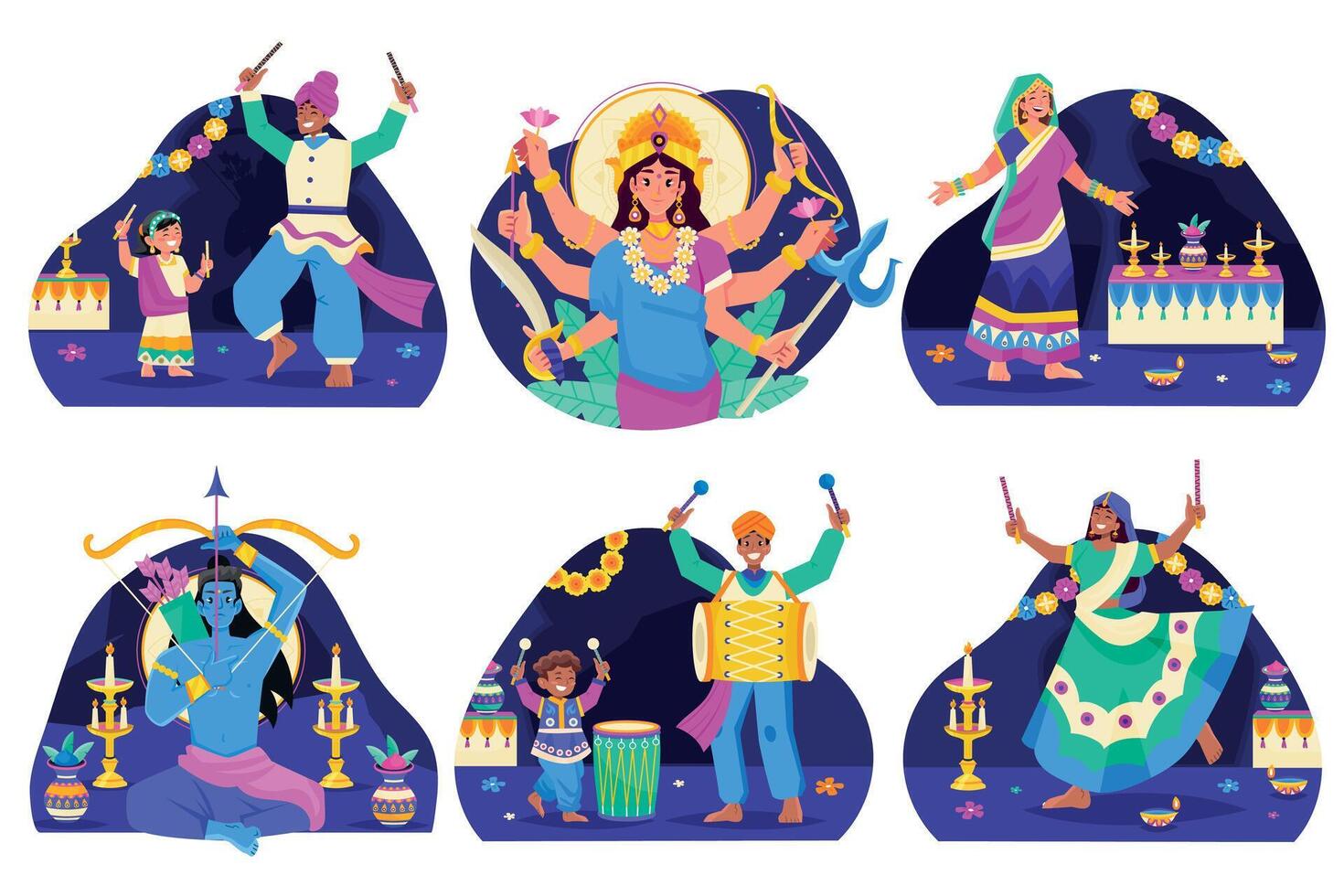 Hand drawn flat Dussehra mini composition collection vector