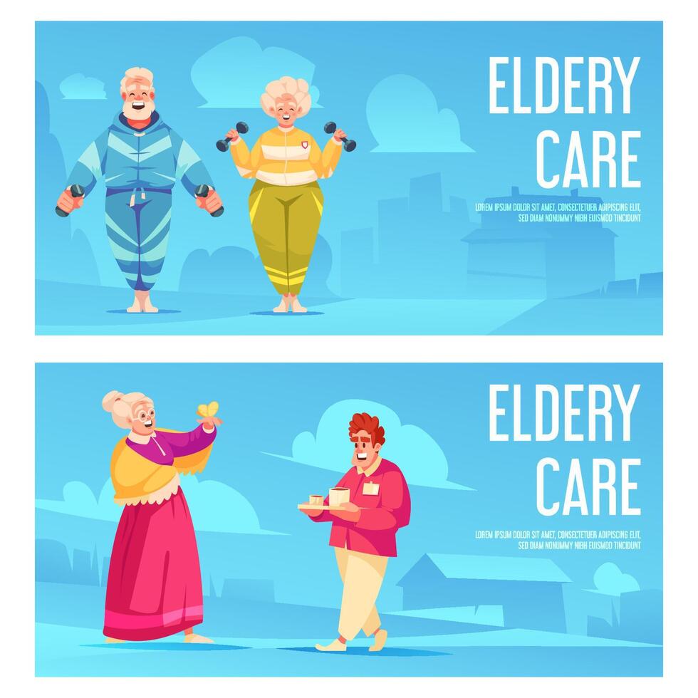 Set of two horizontal banner. Elderly care hand drawn compositions vector