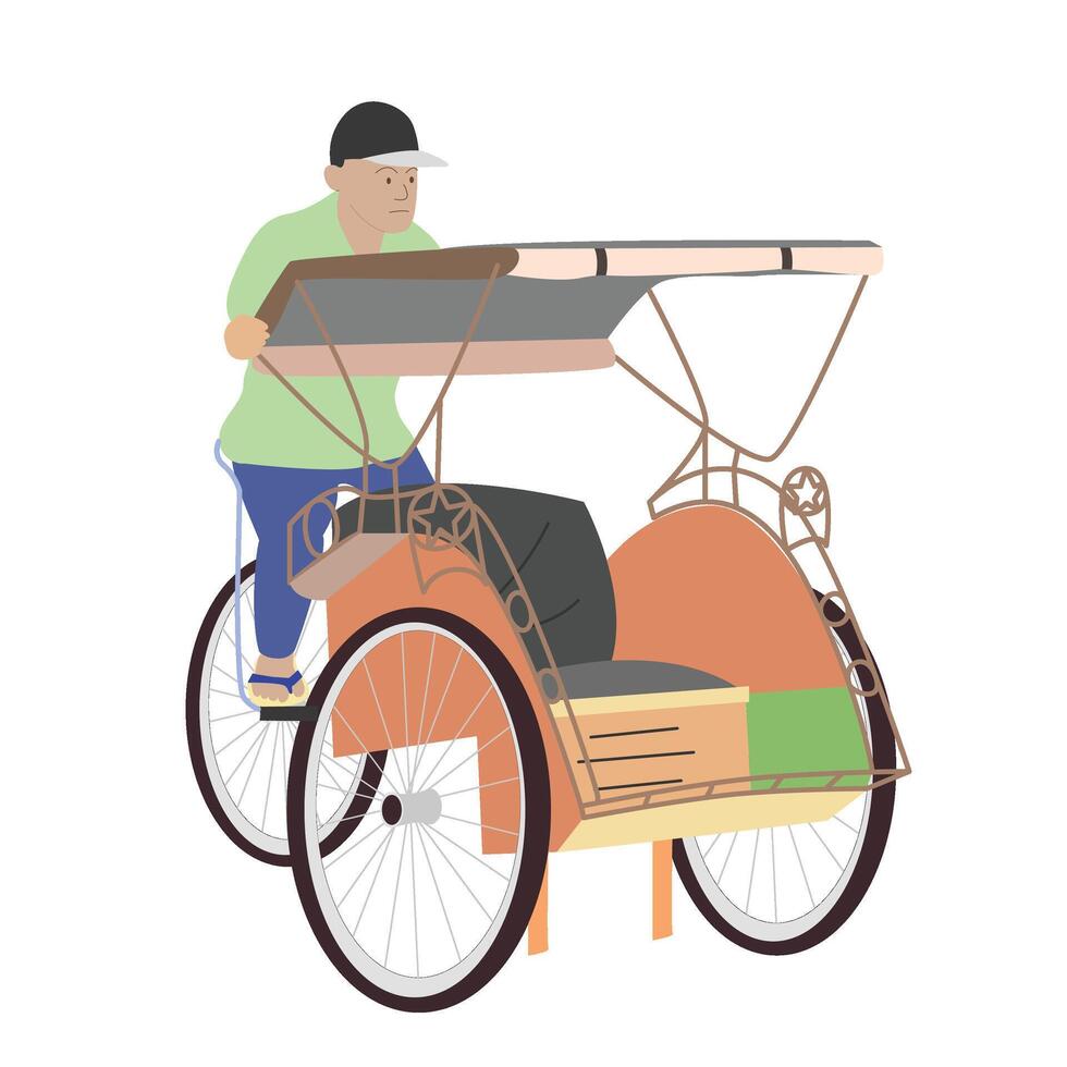 Old Man Riding a Rickshaw Becak Pedicap Indonesia Southeast Asia vector