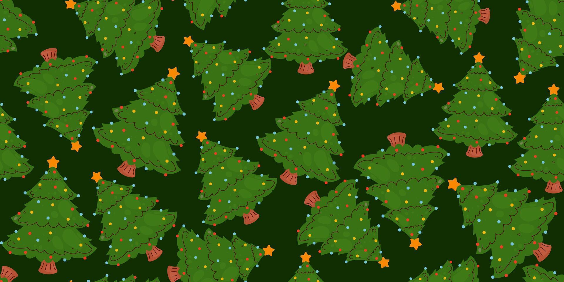 Seamless Pattern with Christmas Trees, Ornaments and Stars. Design for holiday wrapping, decorations, and seasonal projects. vector